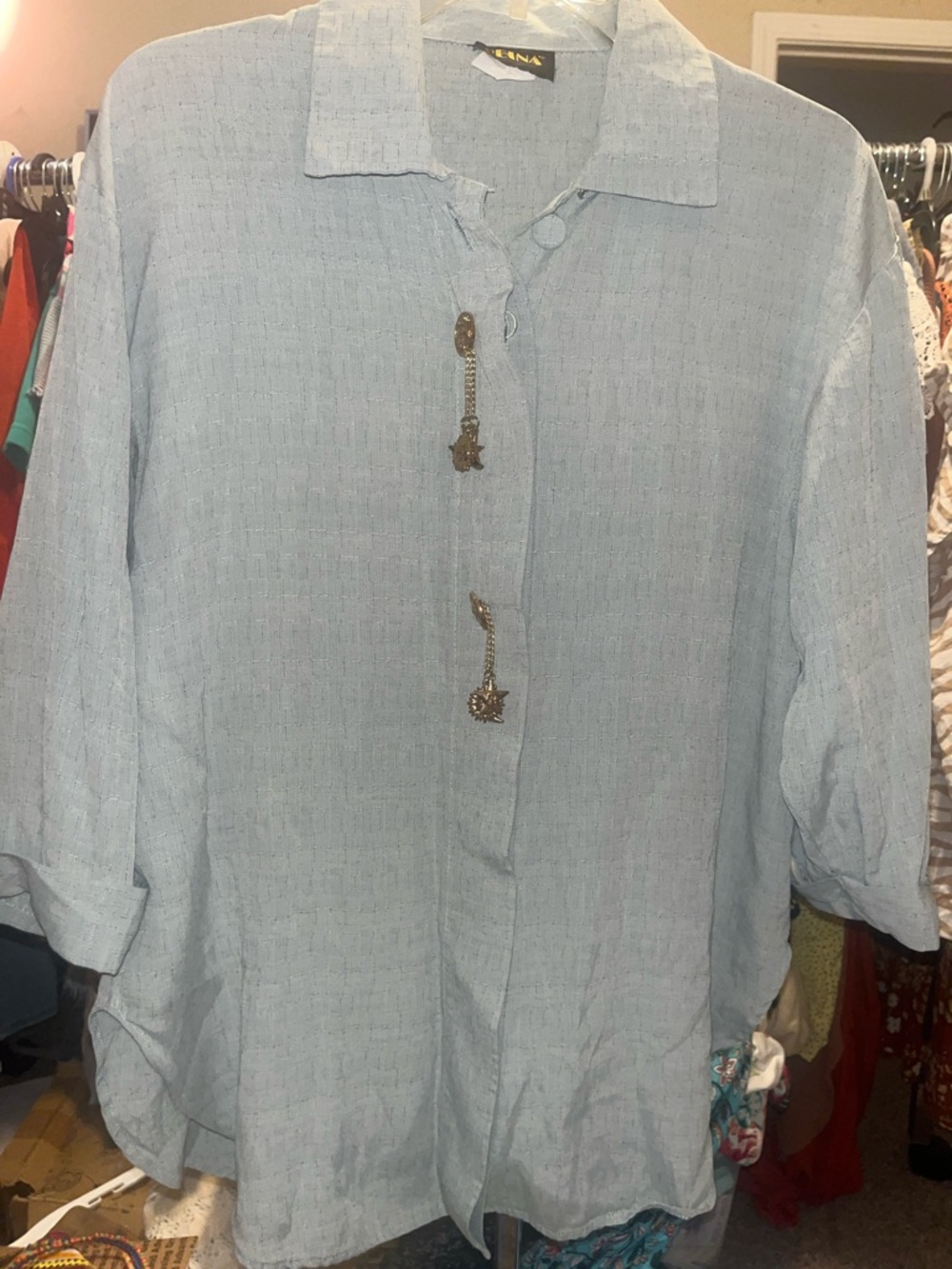 Light Blue Linen-Blend Button Front Blouse